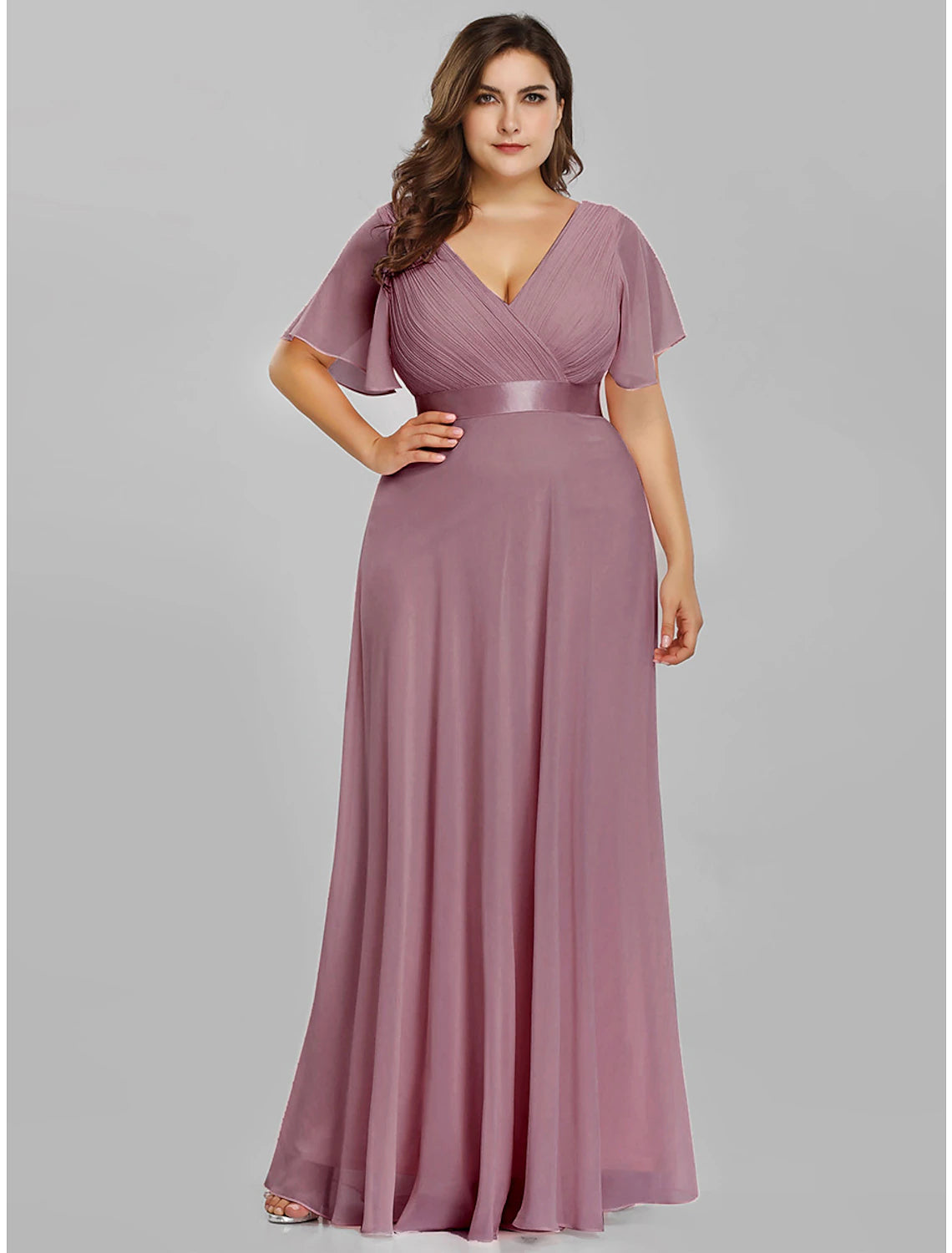 Wholesale A-Line Empire Fall Wedding Guest Dress For Bridesmaid Plus Size Formal Evening Dress V Neck Short Sleeve Floor Length Chiffon with Pleats Ruched