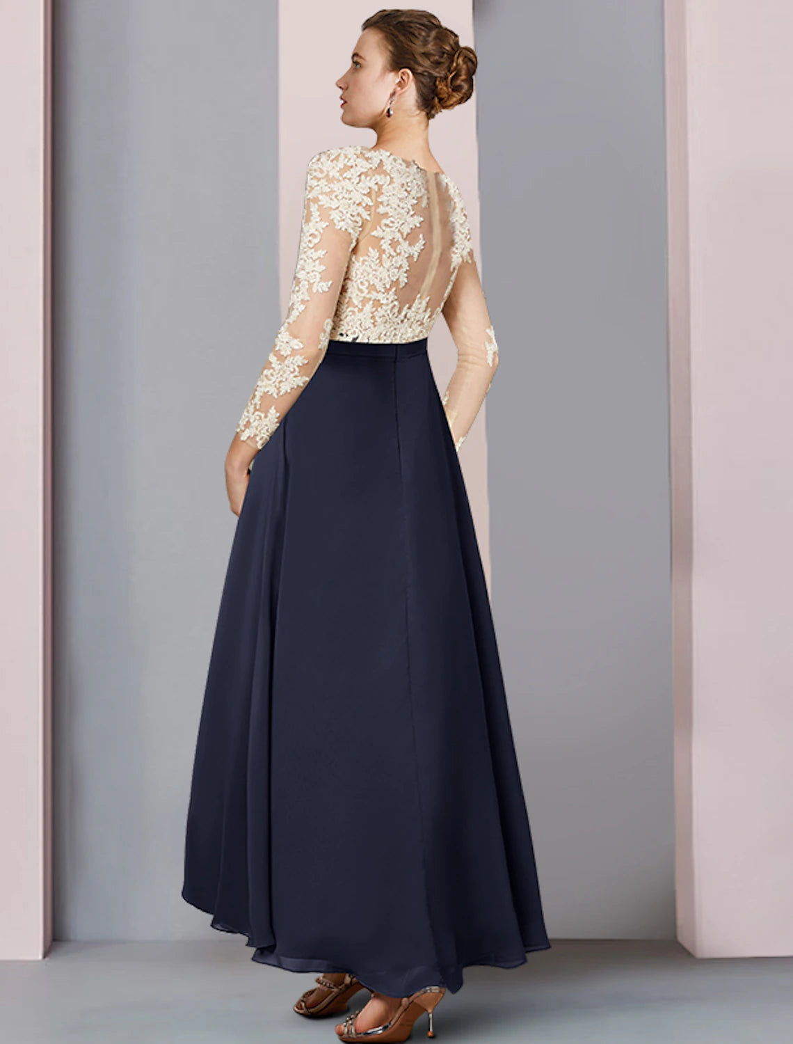 Wholesale  Sheath / Column Mother of the Bride Dress Wedding Guest Party Elegant V Neck Asymmetrical Chiffon Lace Long Sleeve with Pleats