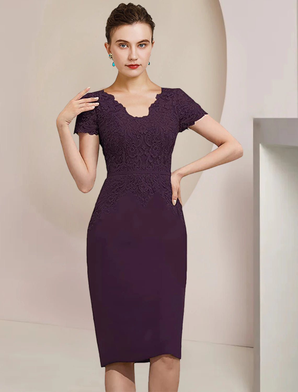 Wholesale  Two Piece Sheath / Column Mother of the Bride Dress Formal Wedding Guest Elegant V Neck Knee Length Chiffon Lace Short Sleeve Jacket Dresses with Appliques