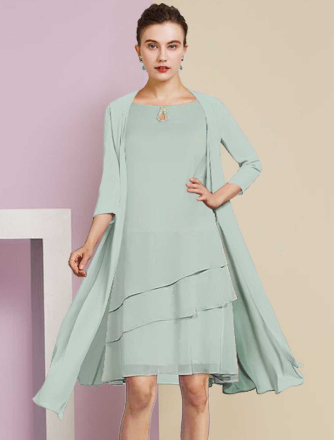 Wholesale  Two Piece A-Line Mother of the Bride Dress Formal Wedding Guest Elegant Scoop Neck Knee Length Chiffon 3/4 Length Sleeve with Tier