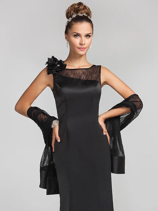 Wholesale Mermaid / Trumpet Mother of the Bride Dress Wrap Included Jewel Neck Floor Length Satin Lace Sleeveless with Lace Buttons Flower