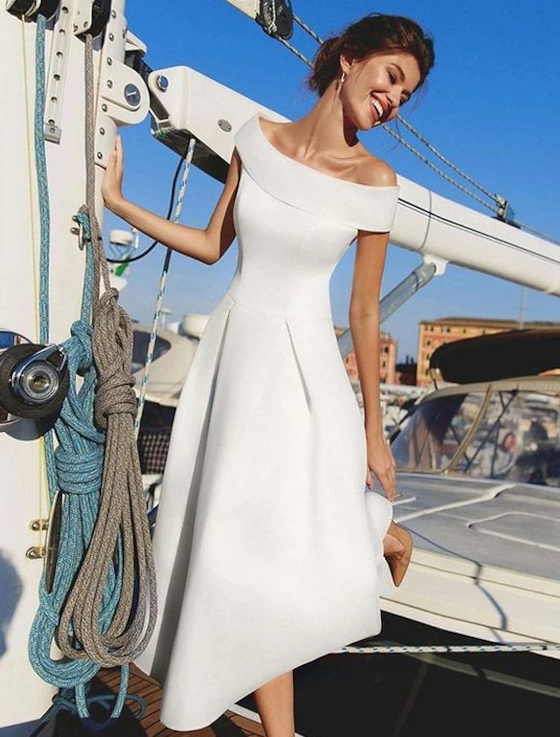 Wholesale A-Line Minimalist Holiday Cocktail Party Dress Off Shoulder Short Sleeve Ankle Length Satin with