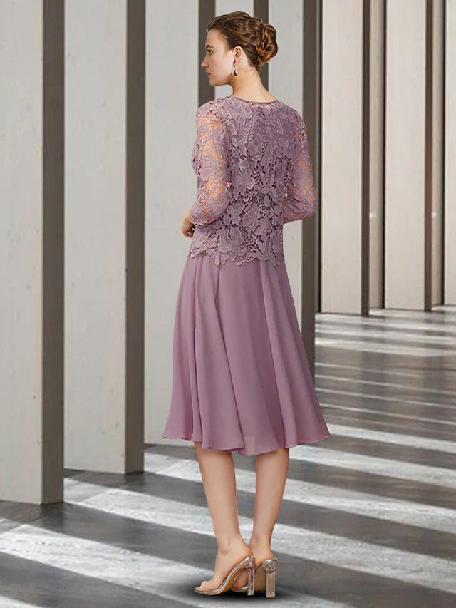 Wholesale Two Piece A-Line Mother of the Bride Dress Elegant Jewel Neck Knee Length Chiffon Lace Sleeveless with Solid Color