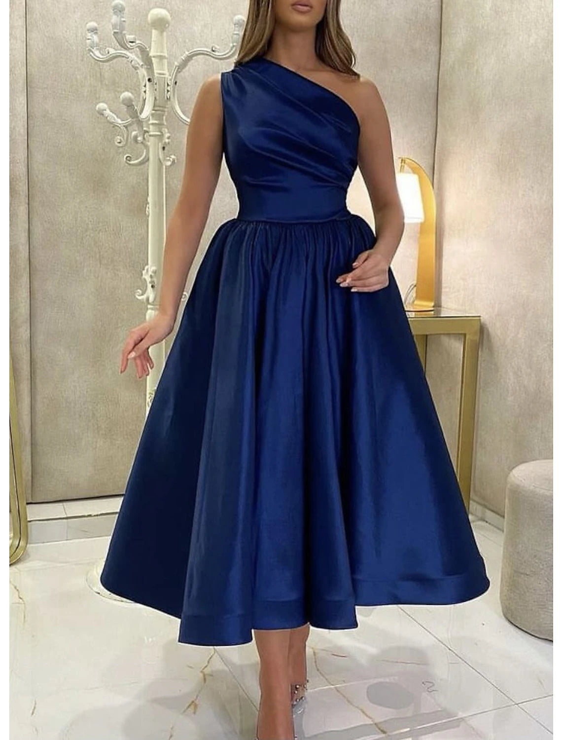 Wholesale A-Line Cocktail Dresses High Split Dress Prom Birthday Tea Length Sleeveless One Shoulder Fall Wedding Guest Satin with Slit Pure Color