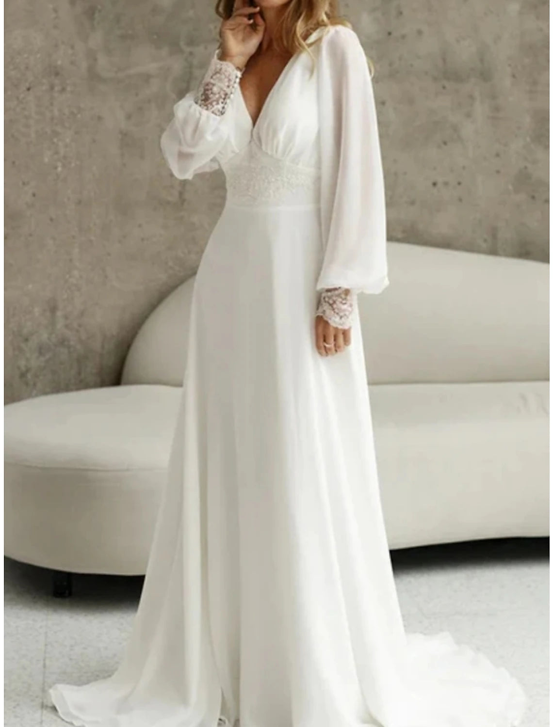 Wholesale Beach Simple Wedding Dresses Formal Wedding Dresses A-Line Illusion Neck Long Sleeve Floor Length Tulle Bridal Gowns With Ruched Beading
