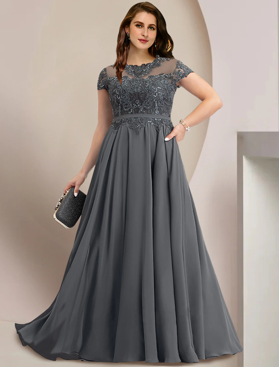 Wholesale  Mother of the Bride Dresses Plus Size Curve Hide Belly Wedding Guest Party Elegant Jewel Neck Floor Length Chiffon Lace Short Sleeve with Pleats Sequin