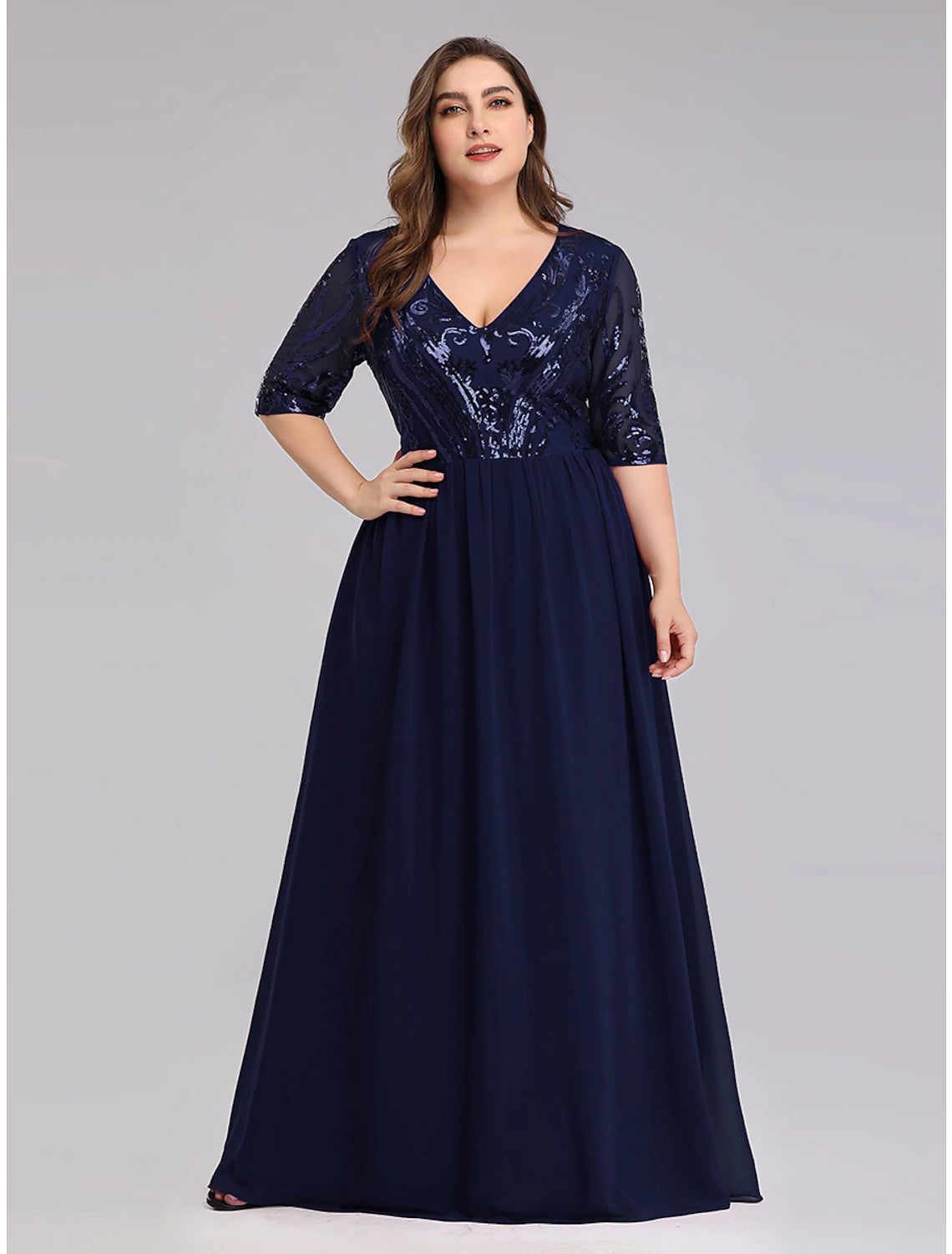 Wholesale  A-Line Prom Dresses Plus Size Dress Wedding Guest Prom Floor Length Half Sleeve Plunging Neck Chiffon with
