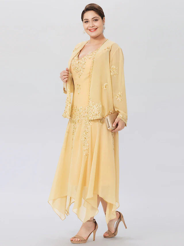 Wholesale A-Line Mother of the Bride Dress Formal Plus Size Elegant High Low V Neck Asymmetrical Chiffon Beaded Lace Long Sleeve Wrap Included with Beading Appliques