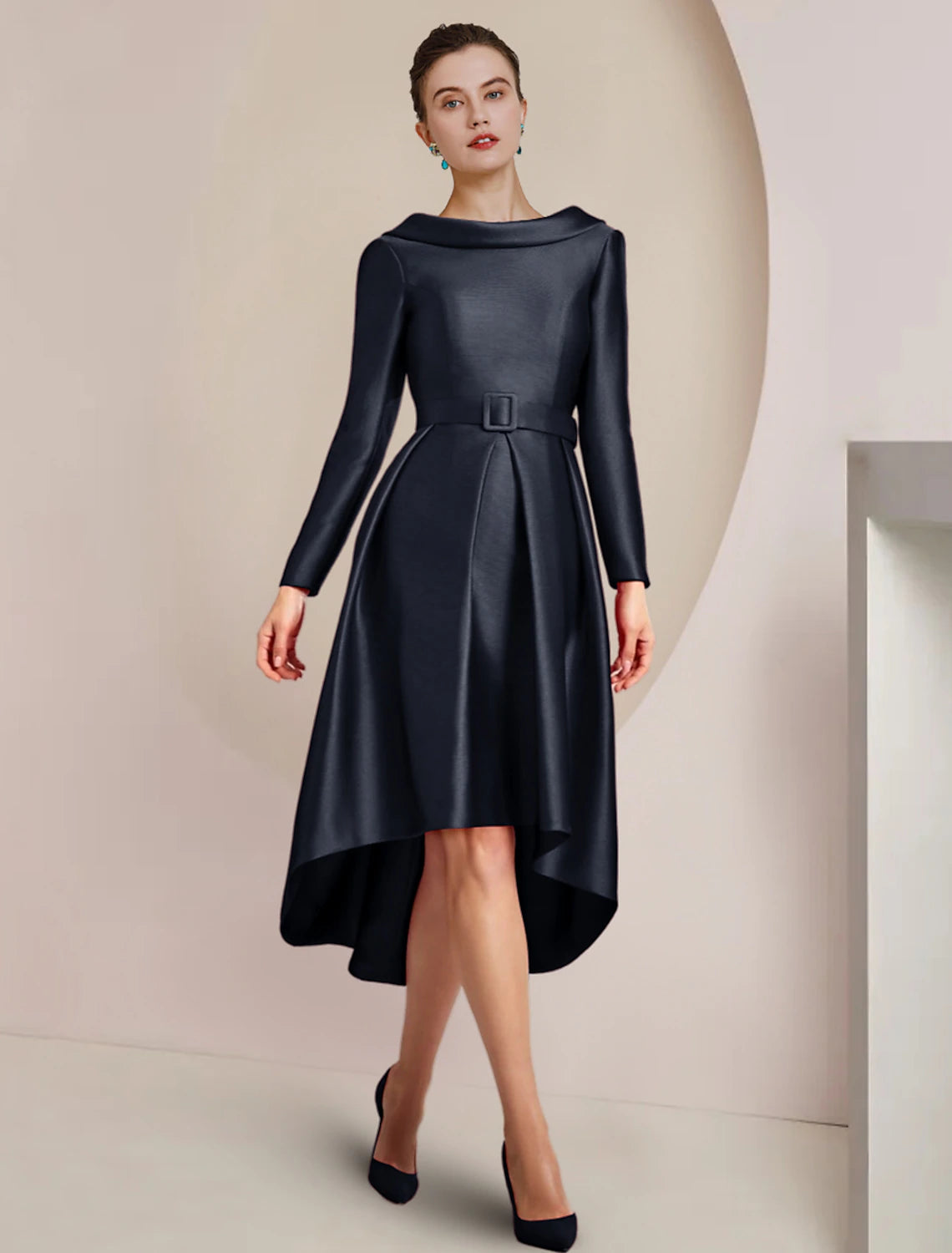 Wholesale  A-Line Mother of the Bride Dress Wedding Guest Party Elegant High Low Scoop Neck Asymmetrical Knee Length Satin Long Sleeve with Crystal Brooch