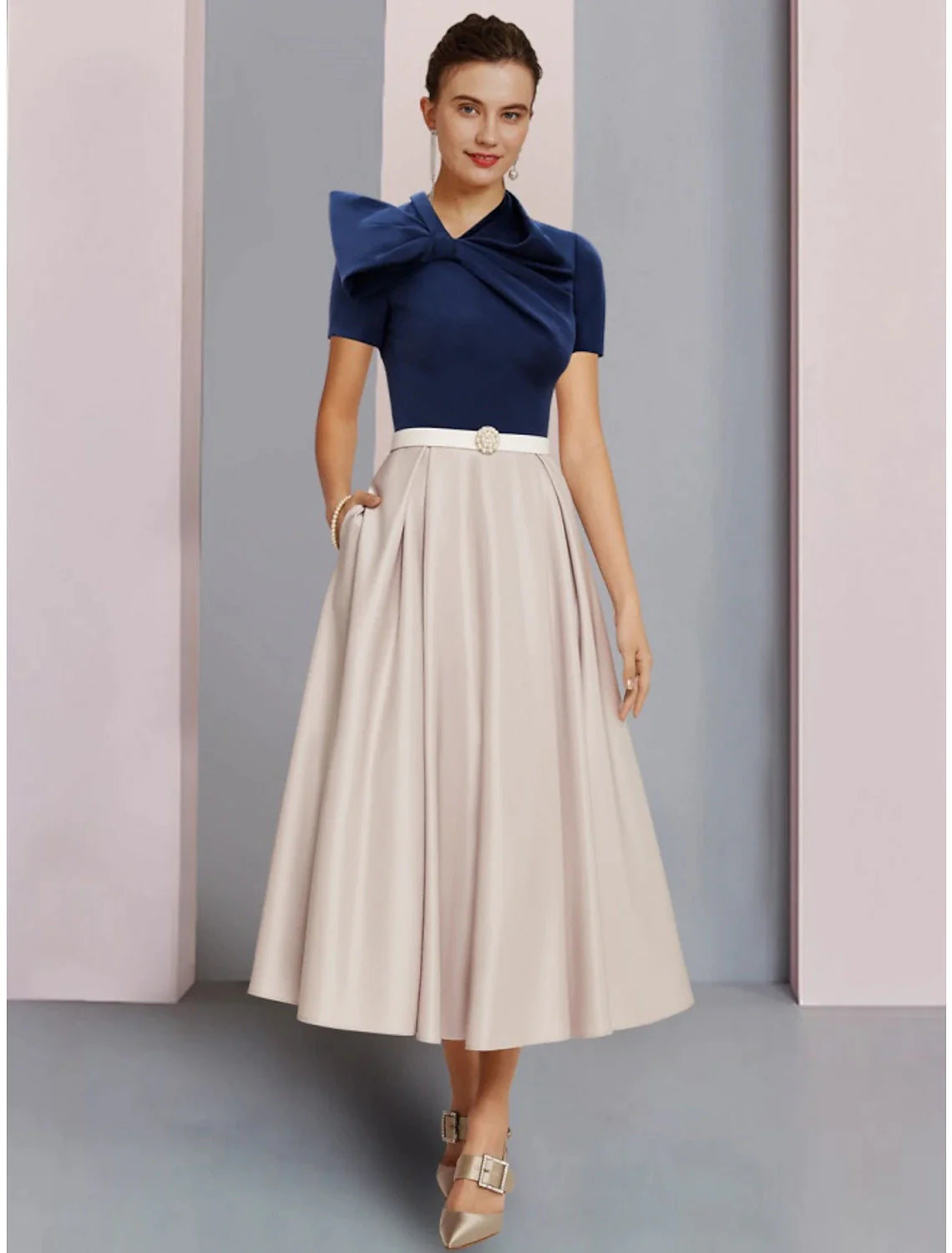 Wholesale A-Line Mother of the Bride Dress Wedding Guest Elegant Jewel Neck Tea Length Satin Short Sleeve with Bow(s) Crystal Brooch Ruching