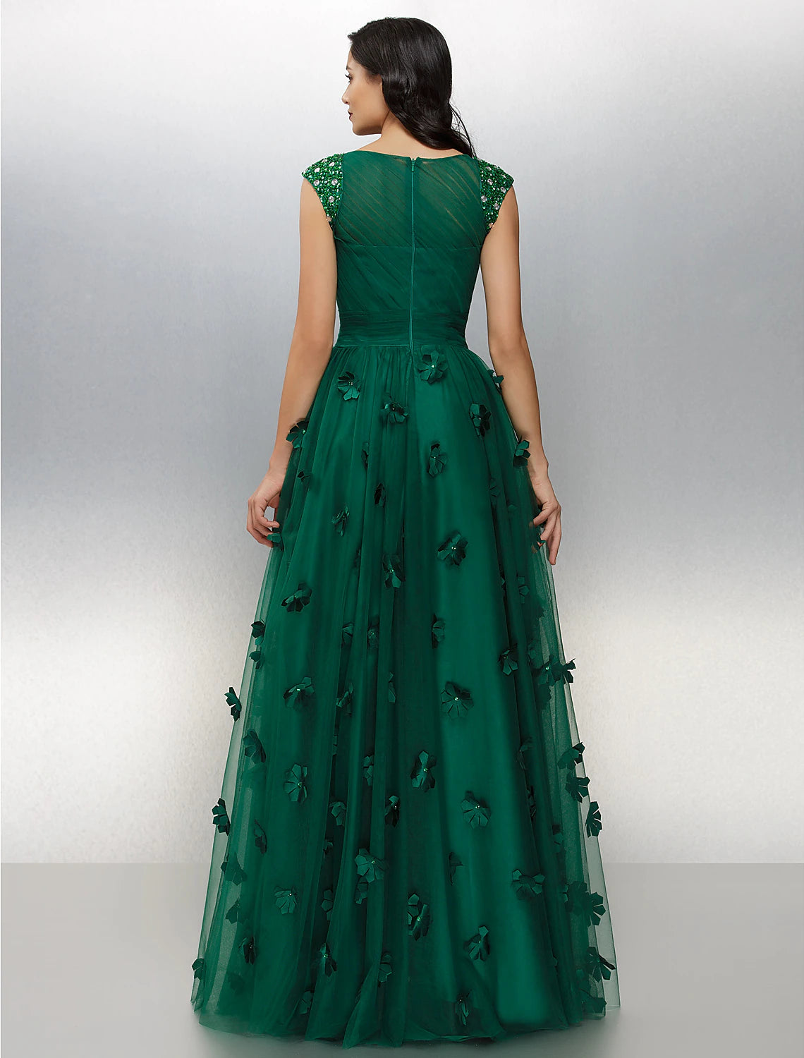 Wholesale  A-Line Floral Dress Wedding Guest Prom Floor Length Short Sleeve Boat Neck Tulle with Crystals Appliques