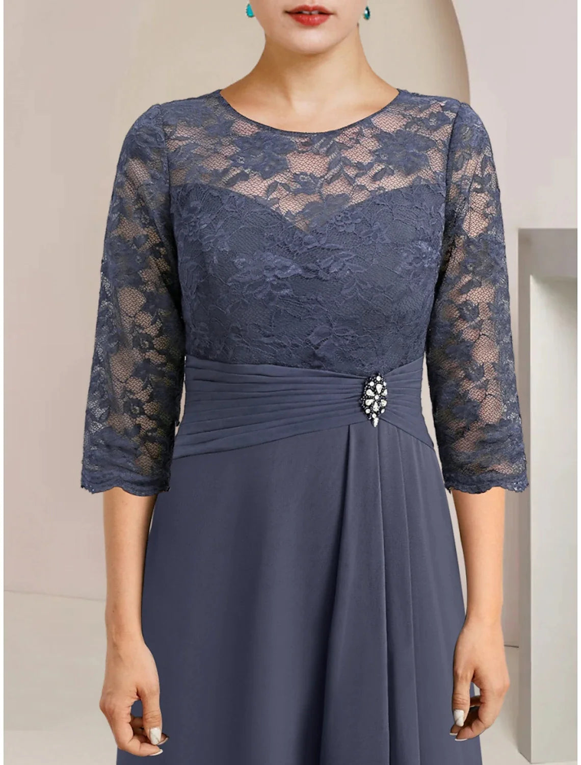 Wholesale A-Line Mother of the Bride Dress Wedding Guest Elegant Jewel Neck Asymmetrical Chiffon Half Sleeve with Lace Crystal Brooch Ruching