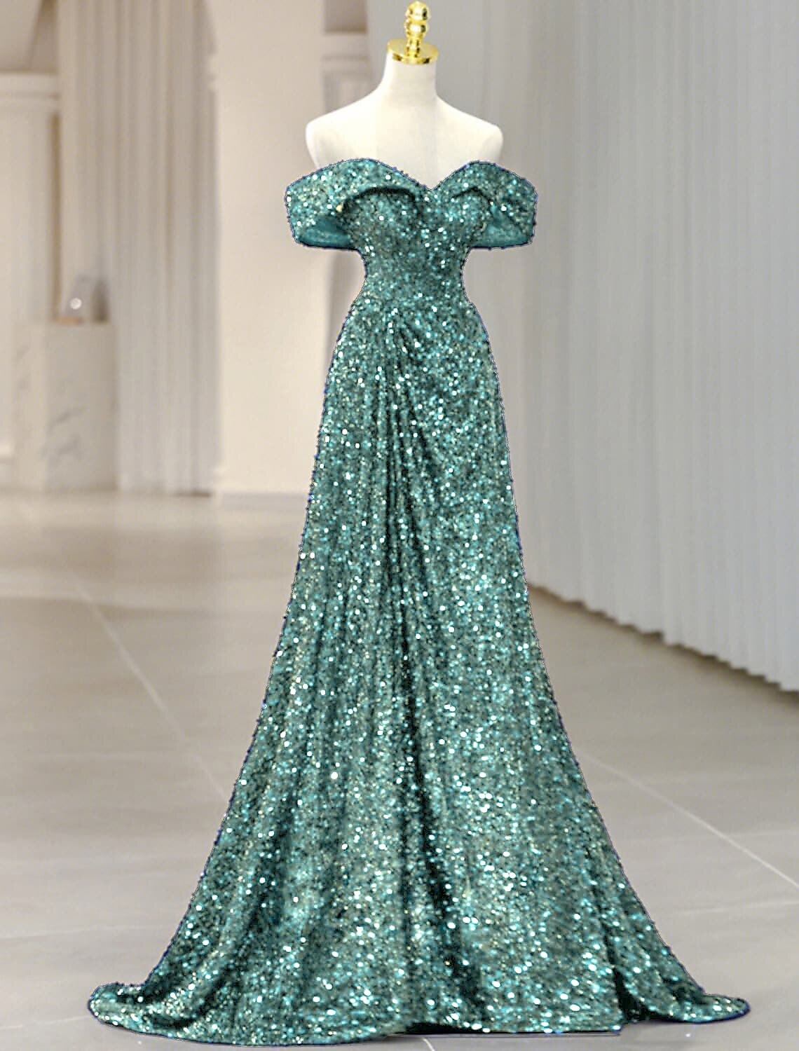 Wholesale A-Line Evening Gown Sparkle & Shine Dress Formal Wedding Guest Sweep / Brush Train Sleeveless Off Shoulder Sequined with Glitter Sequin