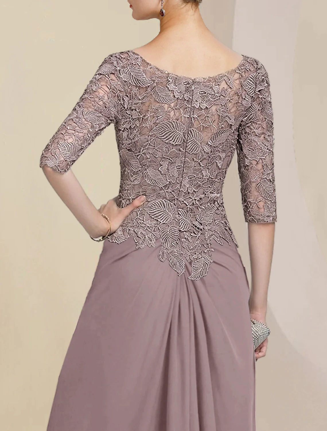 Wholesale Sheath / Column Mother of the Bride Dress Formal Wedding Guest Elegant Scoop Neck Floor Length Chiffon Lace Half Sleeve with Appliques