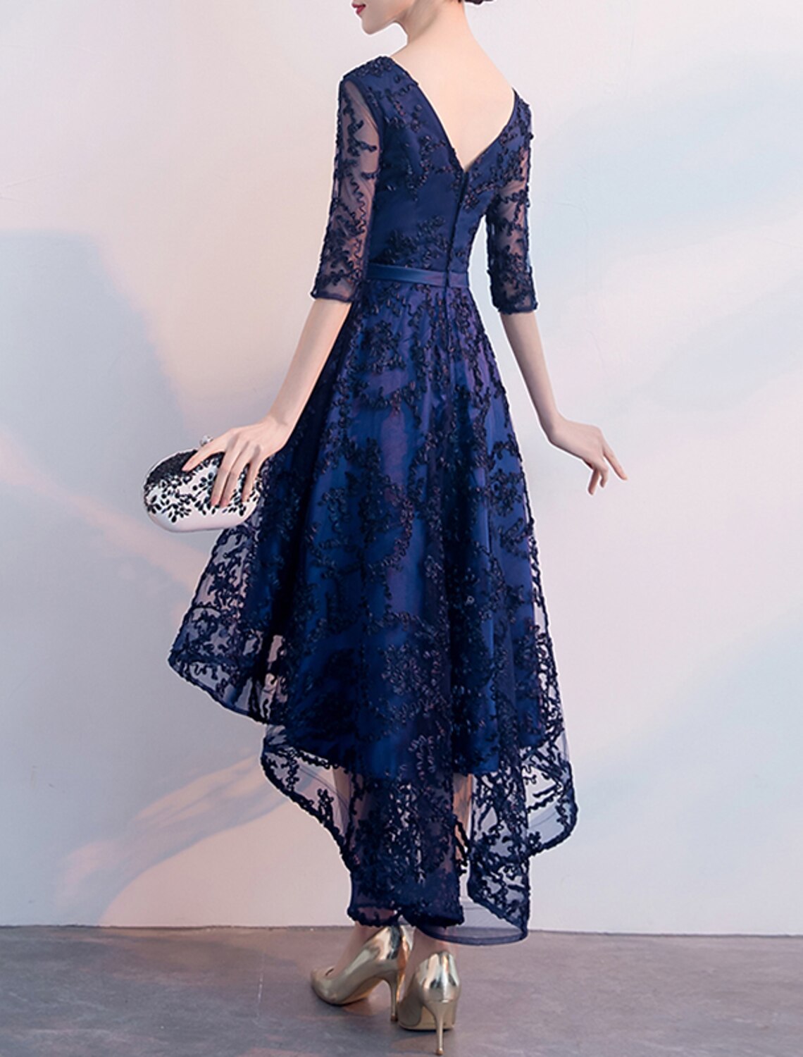 Wholesale A-Line Cocktail Dresses Minimalist Dress Wedding Guest Party Wear Asymmetrical Half Sleeve V Neck Tulle with Pleats