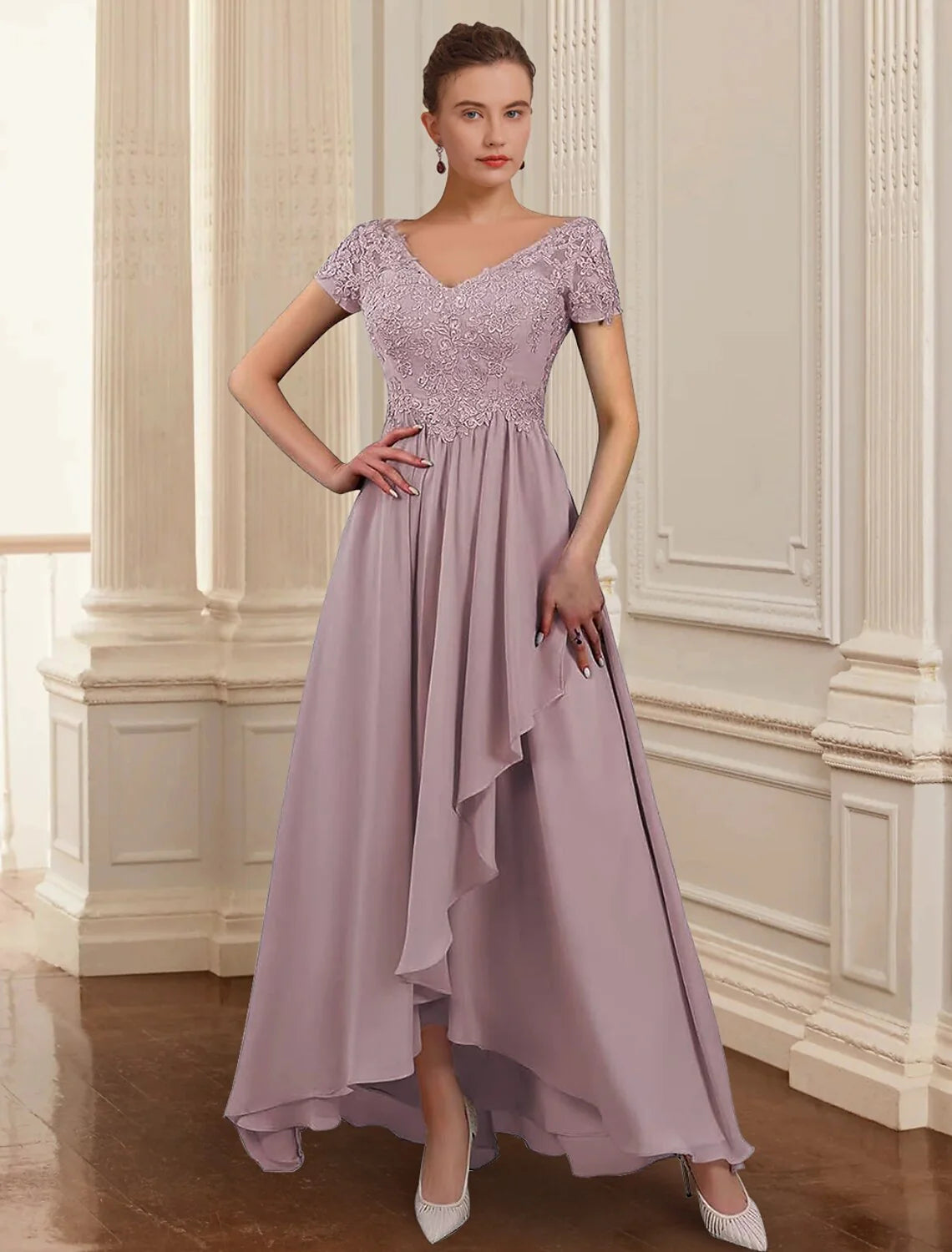 Wholesale Two Piece A-Line Mother of the Bride Dress Formal Wedding Guest Elegant High Low V Neck Asymmetrical Ankle Length Chiffon Lace 3/4 Length Sleeve Jacket Dresses with Appliques