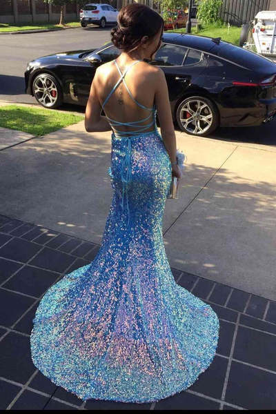 Wholesale Sparkle Blue V-neck Shiny Prom Dress Mermaid Sequins Long Evening Dress