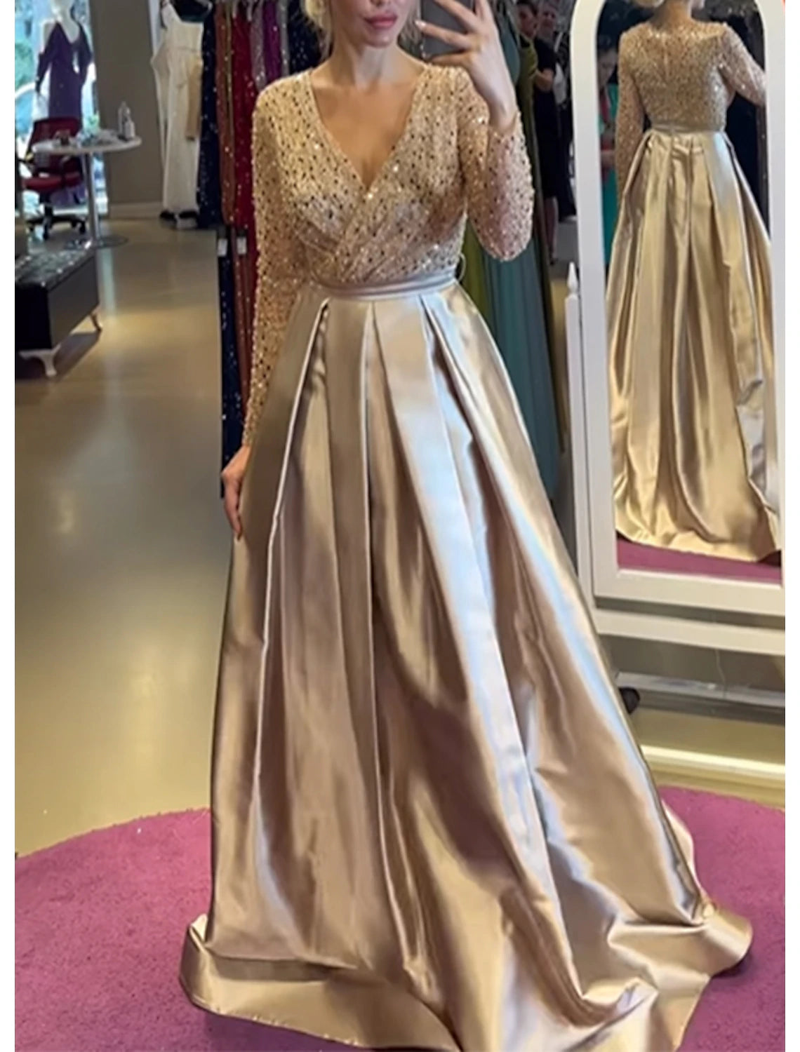 Wholesale A-Line Evening Gown Elegant Dress Wedding Wedding Guest Court Train Long Sleeve V Neck Satin with Pearls