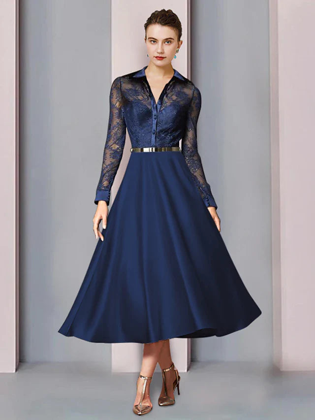 Wholesale A-Line Mother of the Bride Dress Wedding Guest Elegant Shirt Collar Tea Length Satin Lace Long Sleeve with Pleats