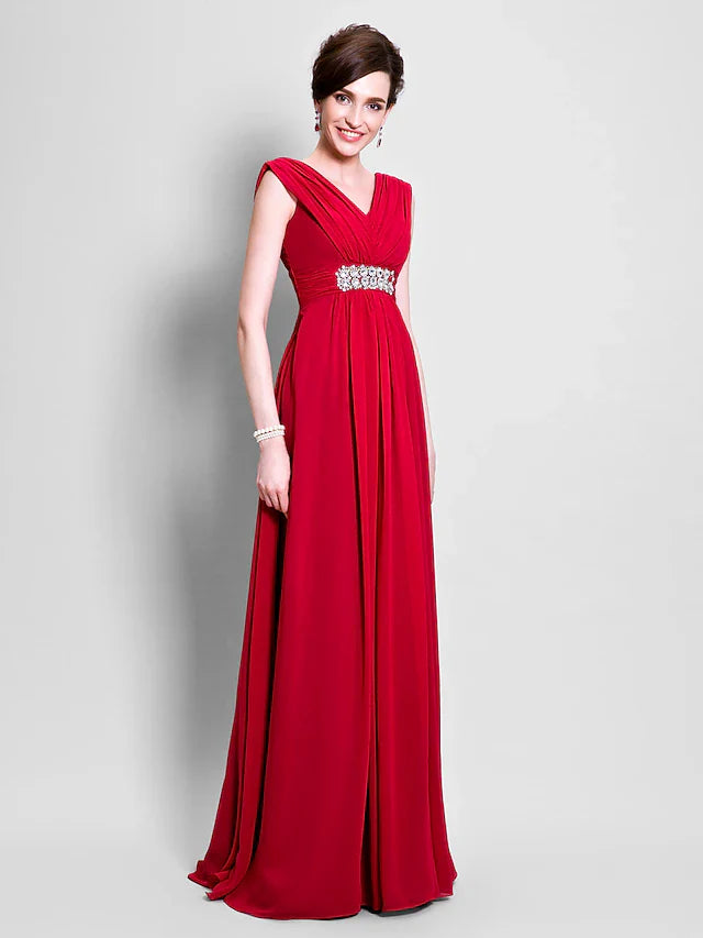 Wholesale A-Line Mother of the Bride Dress Open Back V Neck Floor Length Chiffon Sleeveless with Beading Side Draping