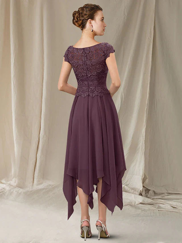 Wholesale A-Line Mother of the Bride Dress Elegant High Low Jewel Neck Asymmetrical Tea Length Chiffon Lace Short Sleeve with Appliques
