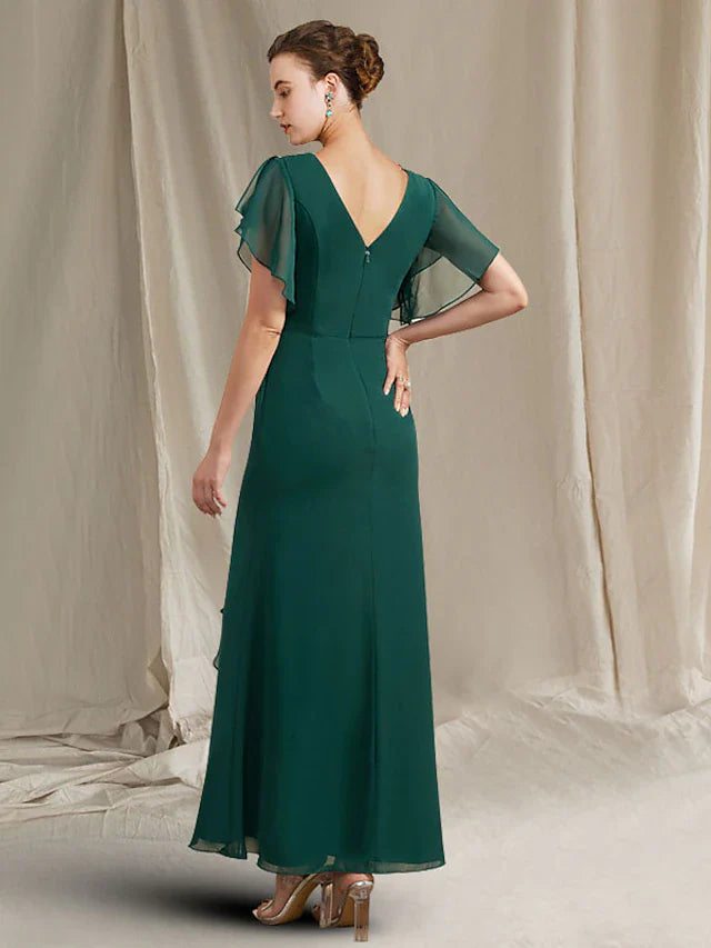 Wholesale A-Line Mother of the Bride Dress Plus Size Elegant Jewel Neck Ankle Length Chiffon Short Sleeve with Crystals Side-Draped