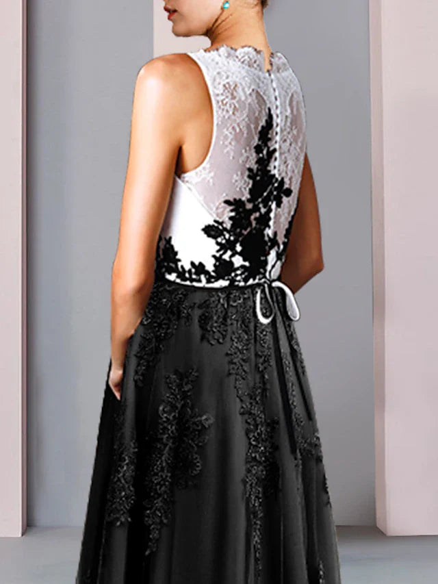 Wholesale Sheath / Column Mother of the Bride Dress Wedding Guest Vintage Party Scoop Neck Tea Length Lace Tulle Sleeveless with Bow(s) Pleats Color Block