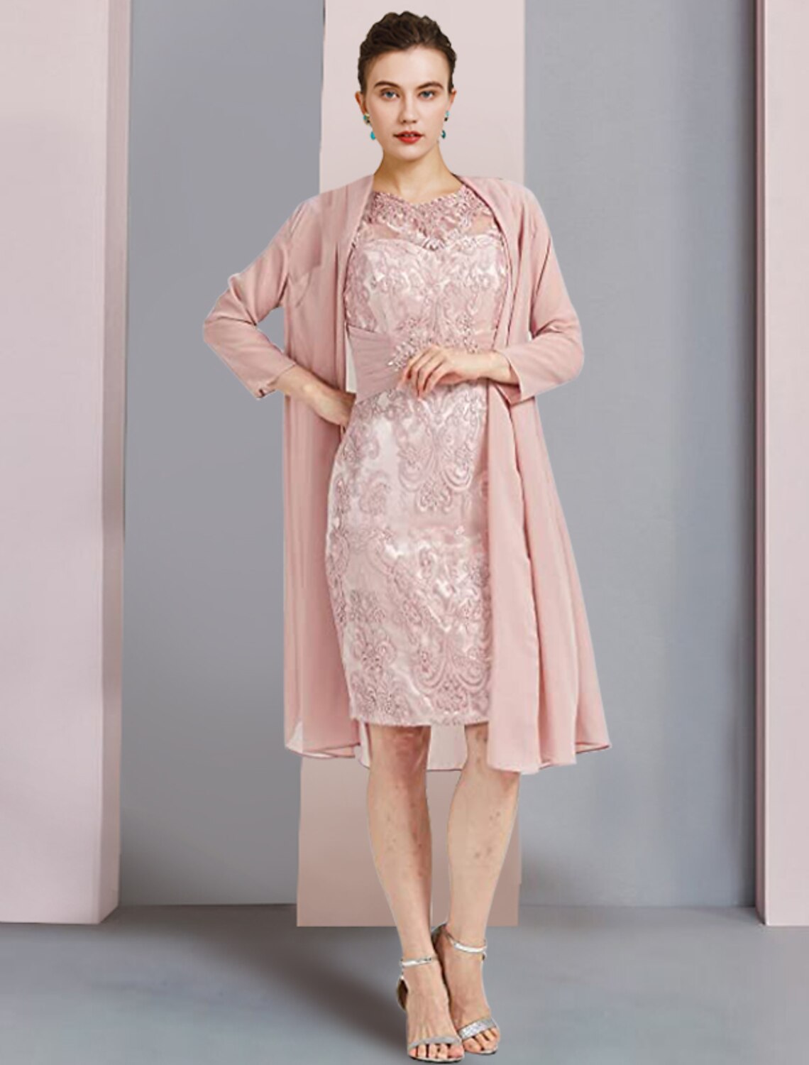 Wholesale  Two Piece Sheath / Column Mother of the Bride Dress Formal Wedding Guest Elegant Scoop Neck Knee Length Chiffon Lace Sleeveless Jacket Dresses with Beading Appliques