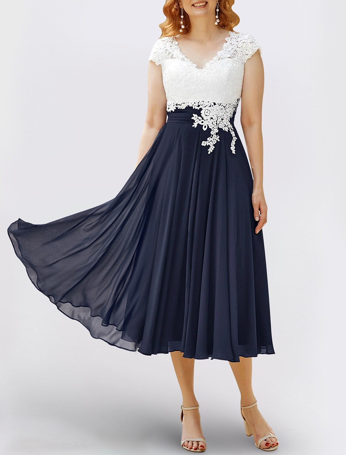 Wholesale A-Line Mother of the Bride Dress Formal Wedding Guest Elegant Scoop Neck V Neck Tea Length Chiffon Sequined Cap Sleeve with Lace Pleats Appliques