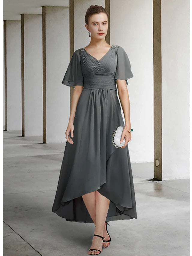 Wholesale A-Line Mother of the Bride Dress Elegant High Low V Neck Asymmetrical Chiffon Short Sleeve with Pleats Ruching