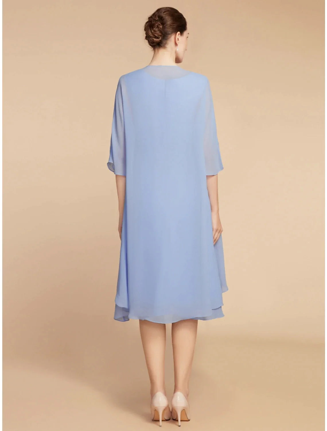 Wholesale Two Piece Sheath / Column Mother of the Bride Dress Wedding Guest Elegant Petite Scoop Neck Knee Length Chiffon Lace Half Sleeve with Ruching Solid Color