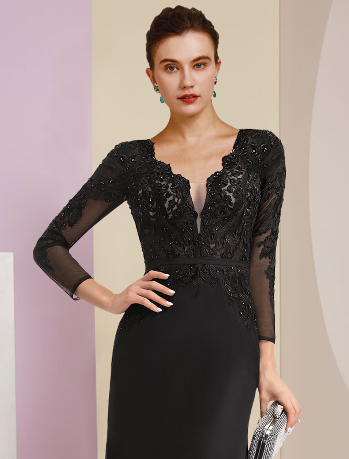 Wholesale  Sheath / Column Mother of the Bride Dress Wedding Guest Vintage Party V Neck Court Train Chiffon Lace Long Sleeve with Sequin