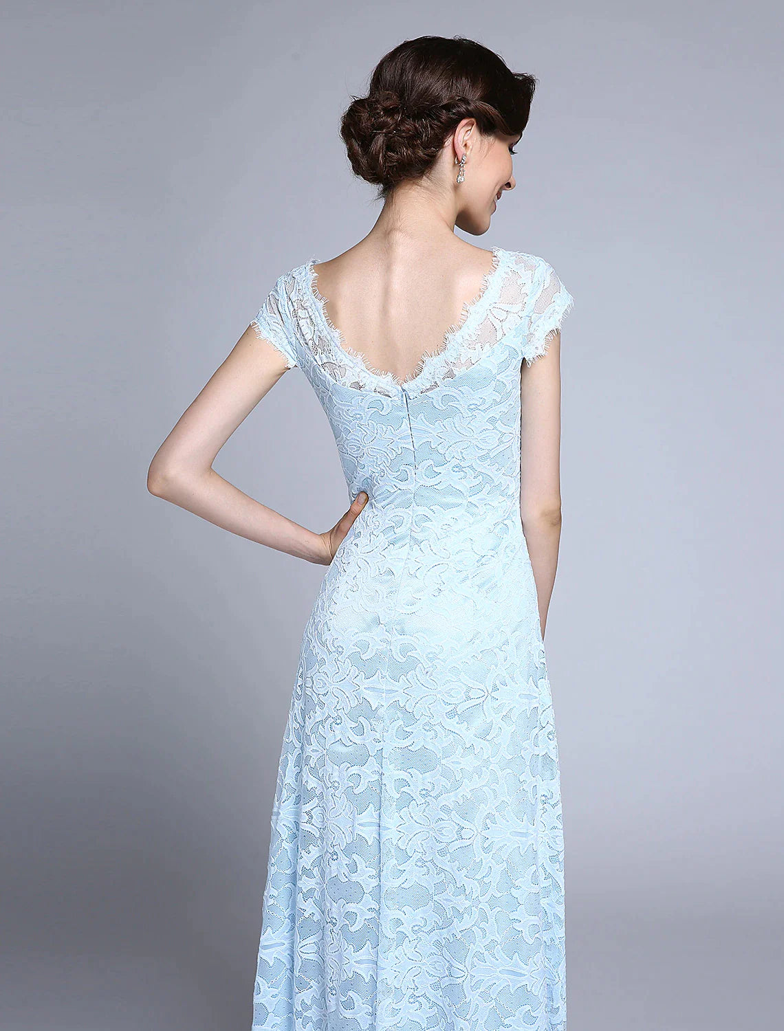 Wholesale Sheath / Column Mother of the Bride Dress Open Back Bateau Neck Floor Length Lace Short Sleeve No with Lace