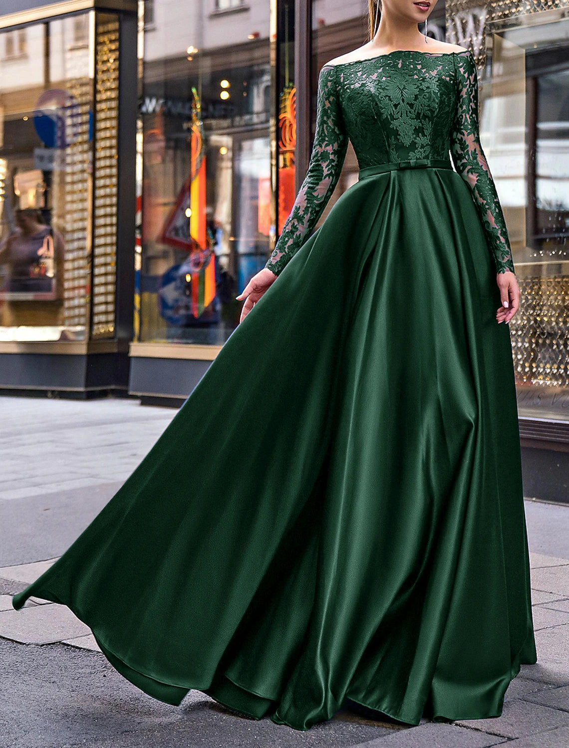 Wholesale A-Line Evening Gown Party Dress Christmas Red Green Dress Elegant Dress Wedding Guest Fall Floor Length Long Sleeve Off Shoulder Belt / Sash Satin with Appliques