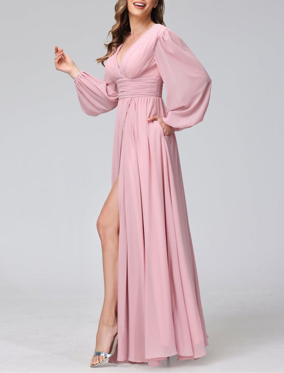 Wholesale A-Line Bridesmaid Dress V Neck Long Sleeve Pink Floor Length Chiffon with Split Front / Ruching