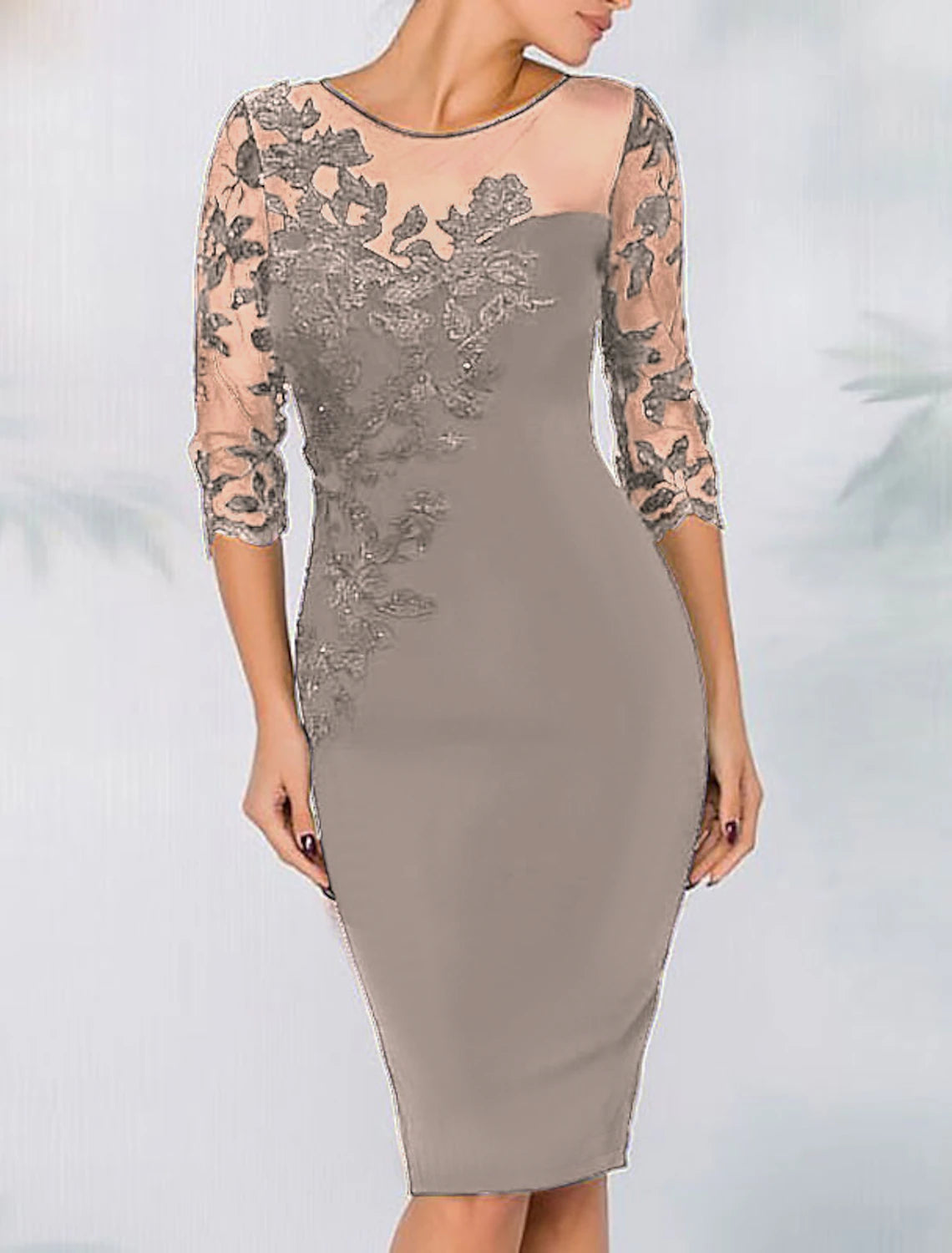 Wholesale Sheath Cocktail Elegant Dress Fall Wedding Guest Dress Long Sleeve Black Dress Plus Size Midi Dress Floral Embroidery Illusion Neck With Beading Lace