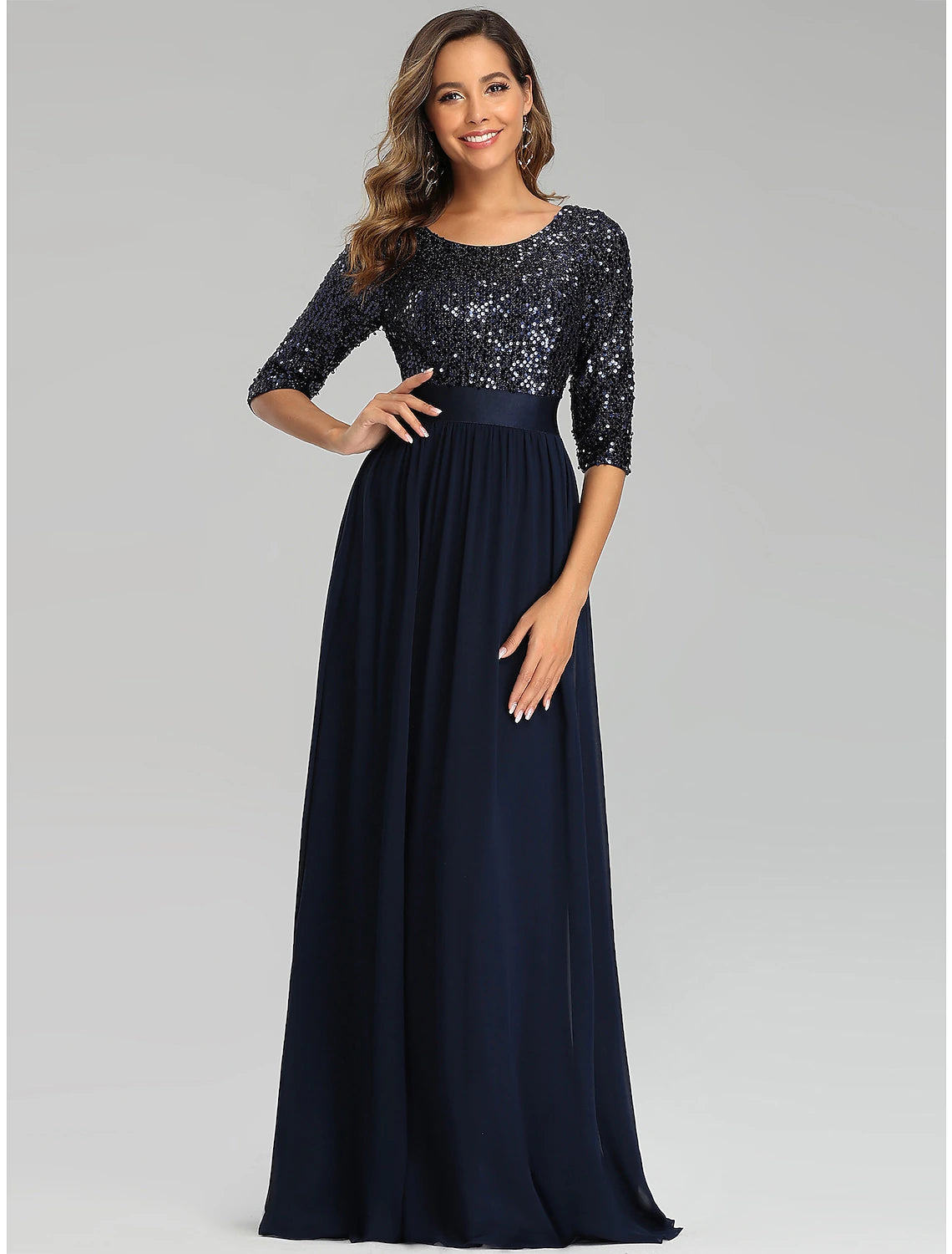 Wholesale A-Line Elegant Wedding Guest Formal Evening Dress Jewel Neck 3/4 Length Sleeve Floor Length Tulle with Sequin