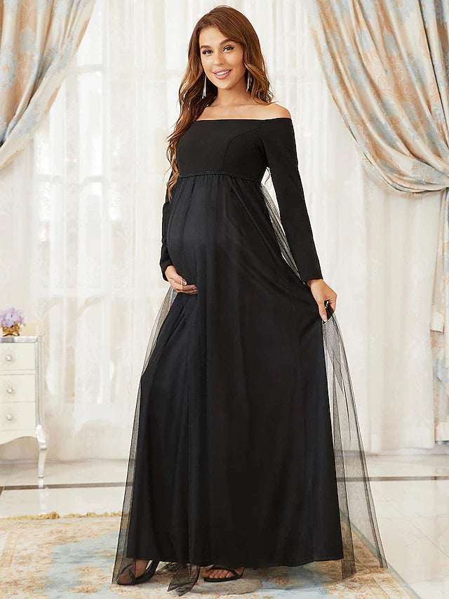 Wholesale A-Line Mother of the Bride Dress Maternity Elegant Off Shoulder Floor Length Tulle Long Sleeve with Tier