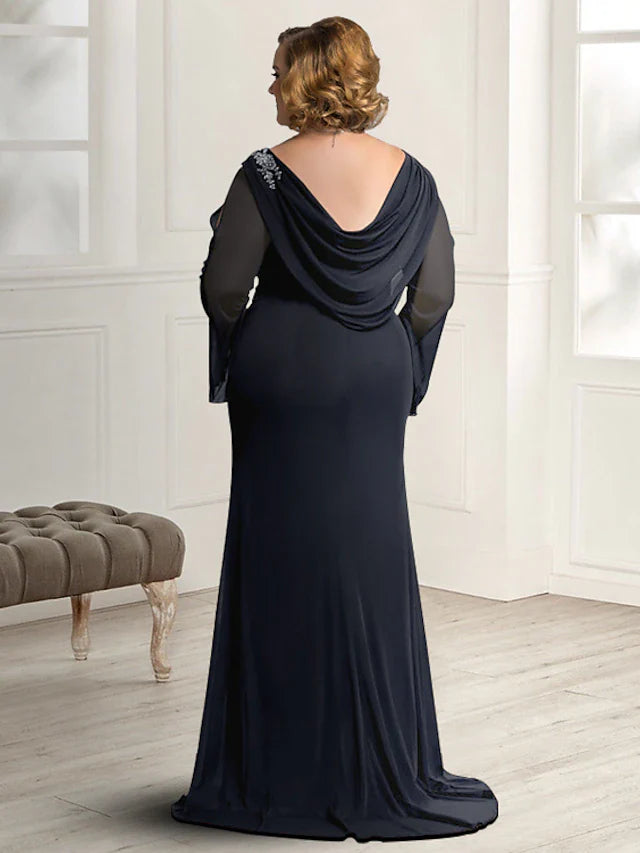 Wholesale Sheath / Column Mother of the Bride Dress Plus Size Elegant Jewel Neck Sweep / Brush Train Chiffon Long Sleeve with Ruched Crystal Brooch