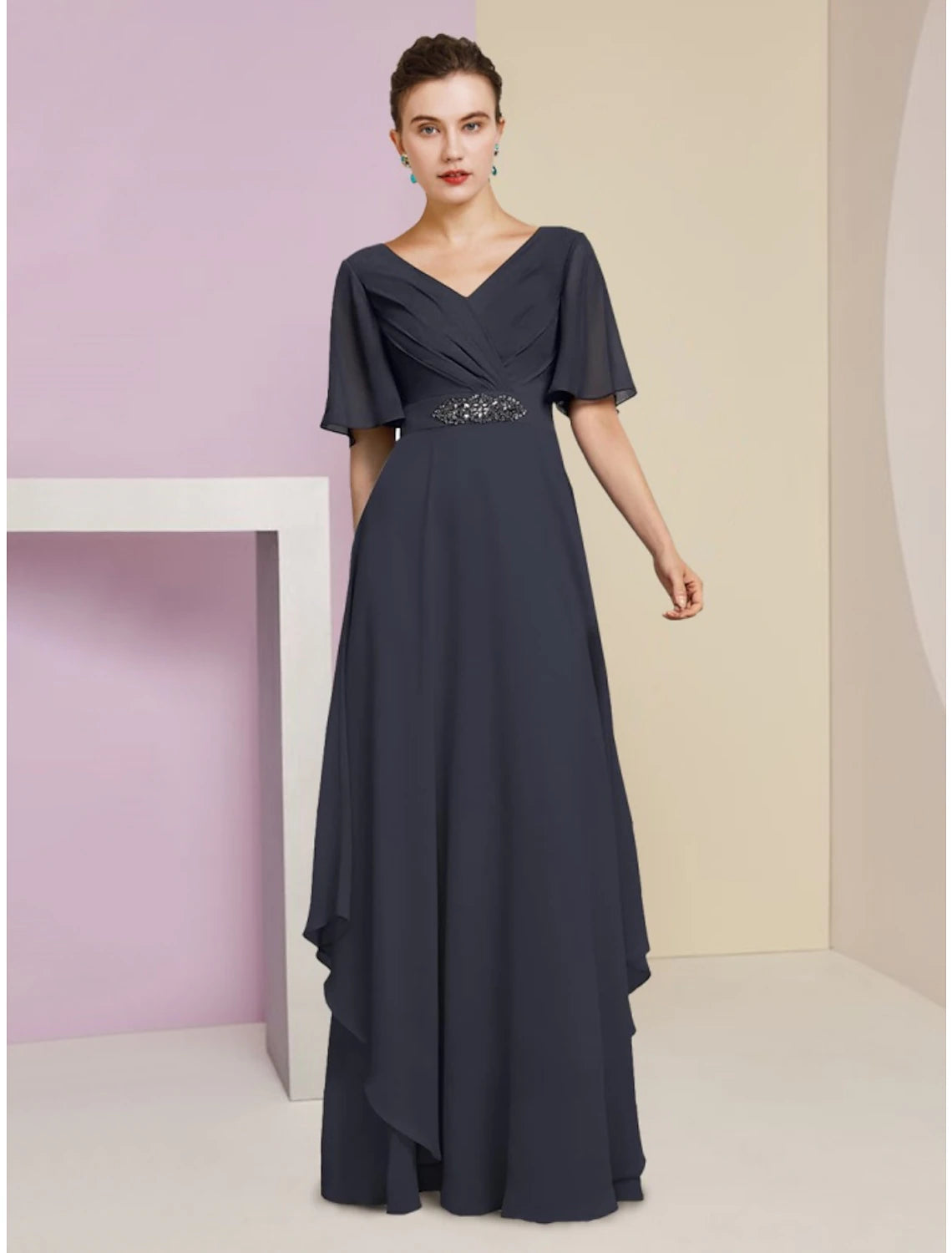 Wholesale A-Line Mother of the Bride Dress Wedding Guest Elegant V Neck Floor Length Chiffon Short Sleeve with Crystal Brooch Ruching