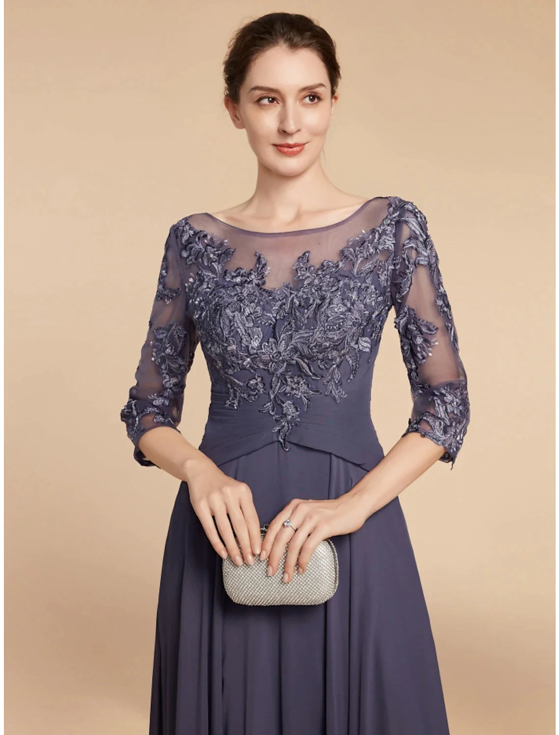 Wholesale A-Line Mother of the Bride Dress Wedding Guest Elegant Scoop Neck Floor Length Chiffon Lace 3/4 Length Sleeve with Ruching Solid Color