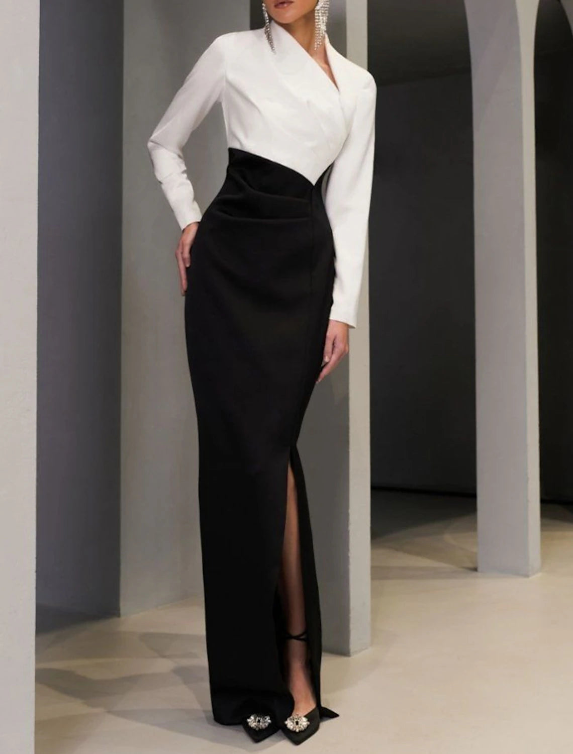 Wholesale Sheath Black Dress Evening Gown Elegant Dress Formal Wedding Guest Floor Length Long Sleeve V Neck Stretch Fabric with Slit