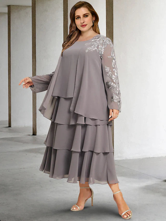 Wholesale Two Piece A-Line Plus Size Curve Mother of the Bride Dresses Elegant Dress Formal Tea Length Sleeveless Jewel Neck Chiffon with Ruffles Appliques