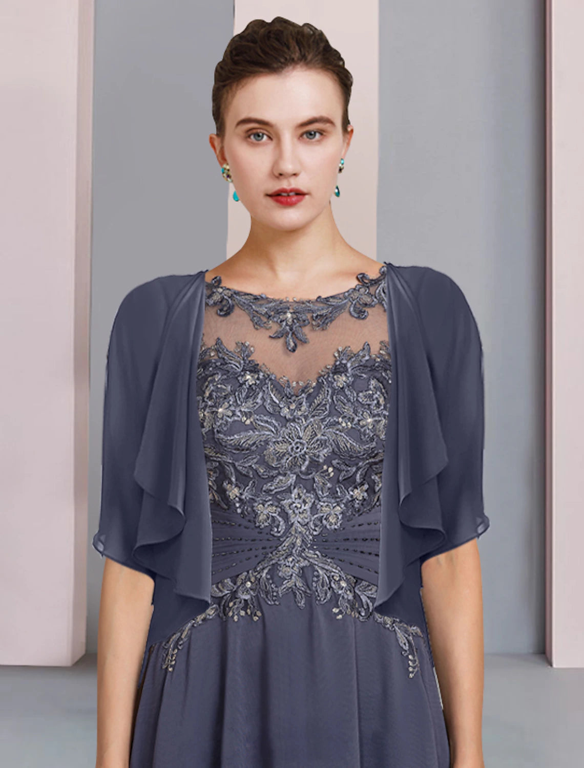 Wholesale  Two Piece A-Line Mother of the Bride Dress Formal Wedding Guest Elegant Scoop Neck Asymmetrical Tea Length Chiffon Lace Short Sleeve Wrap Included with Beading Appliques
