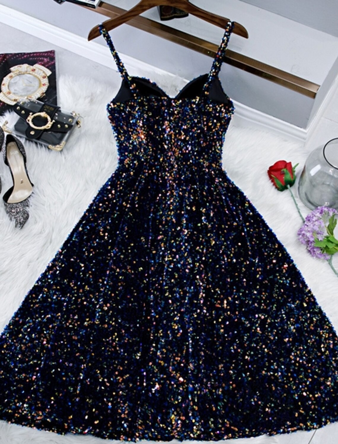 Wholesale A-Line Sparkle & Shine Holiday Cocktail Party Dress Spaghetti Strap Sleeveless Knee Length Sequined with Sequin