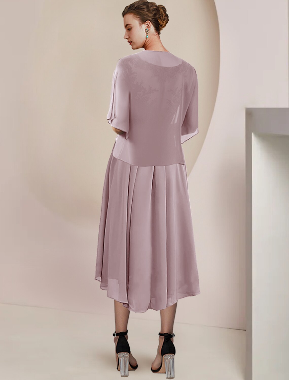 Wholesale  Two Piece A-Line Mother of the Bride Dress Formal Wedding Guest Elegant V Neck Asymmetrical Tea Length Chiffon Lace Short Sleeve Wrap Included with Pleats Appliques