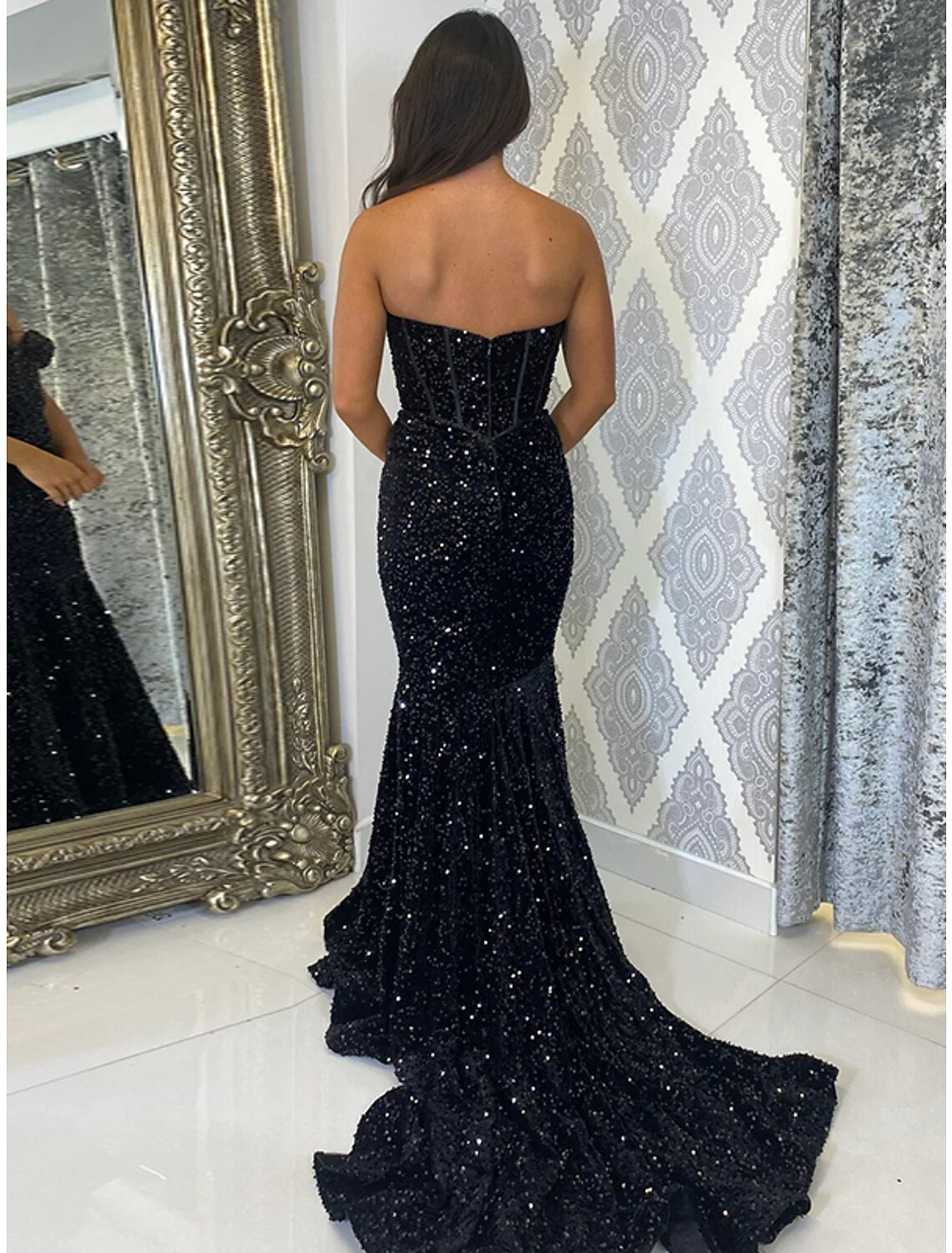 Wholesale A-Line Mermaid / Trumpet Prom Dresses Glittering Dress Prom Wedding Party Court Train Sleeveless Sweetheart Sequined Backless with Sequin