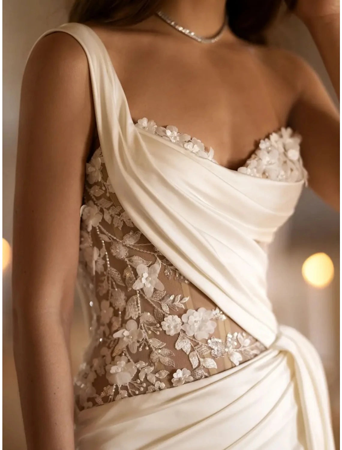 Wholesale Hall Mature Wedding Dresses A-Line One Shoulder Sleeveless Court Train Satin Bridal Gowns With Pleats Appliques