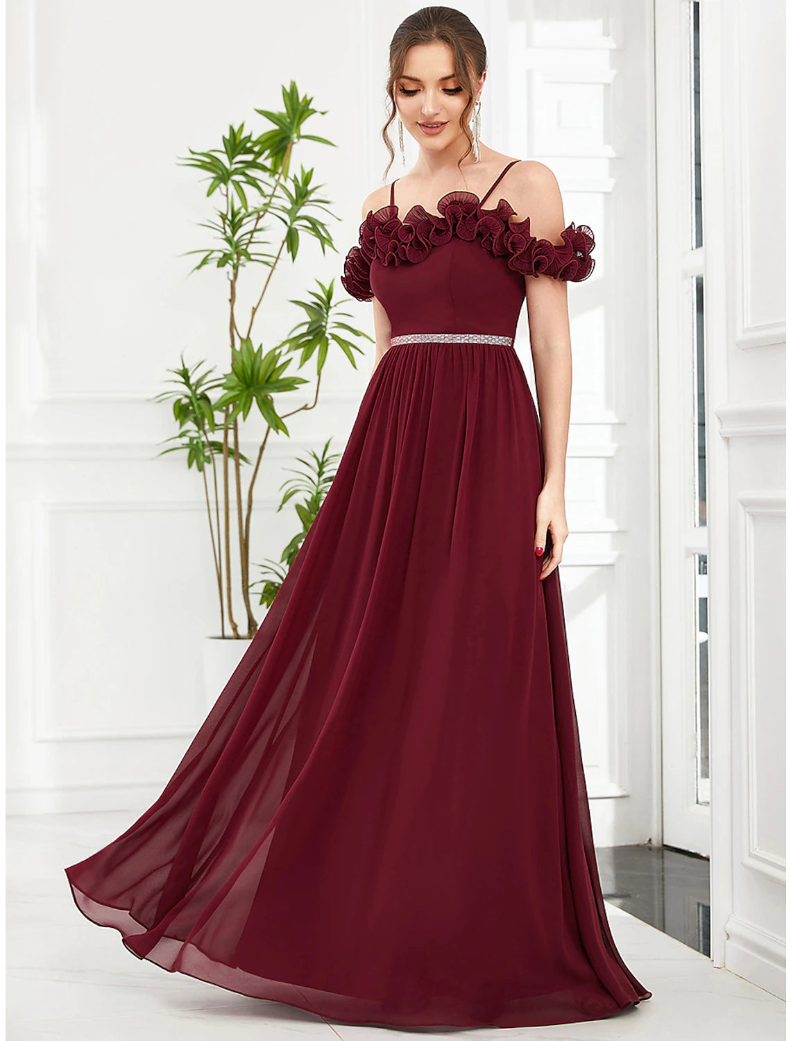 Wholesale  A-Line Prom Dresses Vintage Dress Wedding Guest Birthday Floor Length Sleeveless Off Shoulder Bridesmaid Dress Chiffon with Appliques Shouder Flower