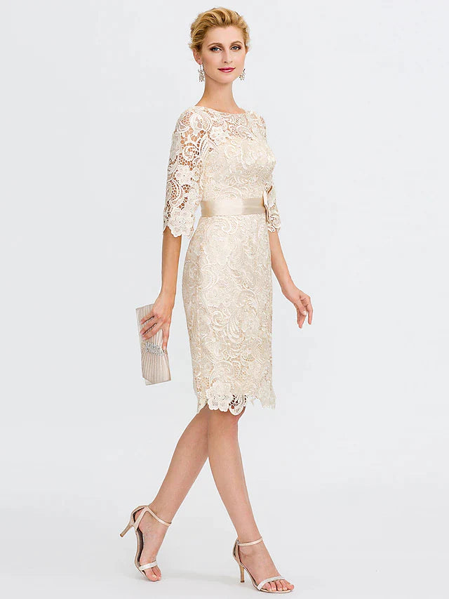 Wholesale Sheath / Column Mother of the Bride Dress Formal Wedding Guest Plus Size Elegant Illusion Neck Knee Length All Over Lace 3/4 Length Sleeve with Bow(s)